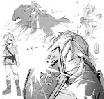  1boy absurdres animal arrow_(projectile) boots bow_(weapon) closed_mouth fingerless_gloves gloves greyscale highres horse horseback_riding hylian_shield link male_focus monochrome multiple_views pants quiver riding shield signature sitting sofra standing the_legend_of_zelda translation_request tunic twitter_username weapon 