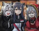  3girls animal_ears arknights black_hair closed_eyes ear_piercing earrings empty_eyes english_commentary eyebrows_visible_through_hair fang grey_hair hair_between_eyes half-closed_eyes highres hood hood_up jacket jewelry lappland_(arknights) laughing laughing_wolves long_hair meme multiple_girls open_mouth piercing projekt_red_(arknights) sidelocks simple_background skin_fang smile tearing_up tears texas_(arknights) unamused upper_body vyragami wolf_ears wolf_girl 