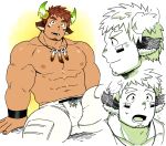  1boy abs animal_ears bangs bara blush brown_hair bulge chest close-up ezaki_papiko facial_hair feathers forked_eyebrows glowing_horns highres horns male_focus muscle nipples pectorals shirtless short_hair sportswear thick_eyebrows thick_thighs thighs tokyo_houkago_summoners toned toned_male upper_body wakan_tanka 