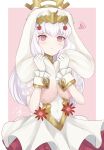  1girl animal_ears closed_mouth cosplay dress fake_animal_ears fire_emblem fire_emblem:_three_houses fire_emblem_heroes gloves highres long_hair lysithea_von_ordelia pink_background pink_eyes rabbit_ears see-through_sleeves shimizu_akina simple_background solo veronica_(fire_emblem) veronica_(fire_emblem)_(cosplay) white_gloves white_hair 