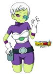  1girl armor bodysuit breasts cheelai closed_mouth dragon_ball dragon_ball_super dragon_ball_super_broly eron gloves green_skin highres looking_at_viewer purple_bodysuit scouter short_hair simple_background smile solo violet_eyes white_background white_gloves white_hair 