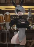  1girl absurdres animal_ears bangs black_blindfold black_hairband blindfold breasts bunny_tail cleavage_cutout covered_eyes feather-trimmed_sleeves hairband highres hood_(james_x) juliet_sleeves large_breasts leotard long_sleeves mole mole_under_mouth nier_(series) nier_automata pod_(nier_automata) puffy_sleeves rabbit_ears short_hair silver_hair tail thigh-highs thighs white_leotard yorha_no._2_type_b 