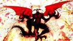 1boy abstract absurdres claws copyright_name cross demon_boy demon_wings devilman devilman_(character) devilman_crybaby electricity fangs fudou_akira glowing glowing_eyes head_wings highres liguangze navel open_mouth petals signature solo tail talons wings 