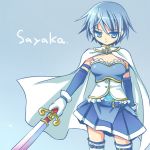  1girl blue_eyes blue_hair byakuya_yuu cape magical_girl mahou_shoujo_madoka_magica miki_sayaka short_hair sword weapon 
