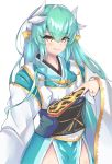  1girl aqua_hair aqua_kimono cowboy_shot dragon_girl dragon_horns fan fate/grand_order fate_(series) folding_fan highres holding holding_fan horns japanese_clothes kimono kiyohime_(fate/grand_order) multiple_horns obi sash simple_background solo standing white_background wide_sleeves yahan_(mctr5253) yellow_eyes 