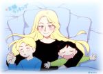  1girl 2boys :&gt; blonde_hair blue_eyes blush bojji daida half-siblings holding_hands lain_(fuzinomiya) long_hair looking_at_another mother_and_son multiple_boys ousama_ranking pillow queen_hilling shirt sleeping under_covers 