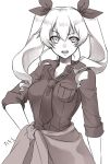  1girl anchovy_(girls_und_panzer) breast_pocket breasts collared_shirt drill_hair eyebrows_visible_through_hair girls_und_panzer greyscale hair_between_eyes hair_ribbon highres komekueyo large_breasts long_hair looking_at_viewer monochrome necktie open_mouth pocket ribbon shirt sleeves_rolled_up solo twin_drills 