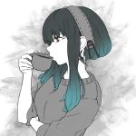  1girl bangs black_hair breasts cup drink drinking earrings from_side gradient_hair grey_background hairband holding holding_cup jewelry kakiyuki long_hair long_sleeves looking_away multicolored_hair partially_colored profile red_eyes sidelocks solo spy_x_family sweater tied_hair upper_body yoru_briar 