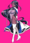  1girl arjuna_(fate/grand_order) black_hair breasts dark_skin fate/grand_order fate_(series) genderswap genderswap_(mtf) gloves high_heels highleg highleg_leotard highres large_breasts leotard long_hair looking_at_viewer pink_background rokkotsu simple_background solo thigh-highs very_long_hair white_legwear 