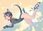  1girl abstract_background animal_ear_fluff animal_ears ballet_slippers black_eyes black_hair bodysuit cat_ears cat_girl commentary cross-laced_footwear dutch_angle eyebrows_visible_through_hair green_footwear kaban_(kemono_friends) kemono_friends mifu_(b24vc1) open_mouth padlocked_collar short_hair tareme 