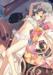  1girl abigail_williams_(fate/grand_order) abigail_williams_(swimsuit_foreigner)_(fate) bangs bare_shoulders bikini black_cat blonde_hair blue_eyes bonnet bow braid breasts cat closed_mouth fate/grand_order fate_(series) forehead hair_bow hair_rings highres legs long_hair looking_at_viewer lying miniskirt mocha_(mokaapolka) navel on_back parted_bangs sidelocks skirt small_breasts smile swimsuit twin_braids twintails very_long_hair white_bikini white_bow white_headwear 
