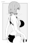  1girl ass blush breasts closed_mouth eyebrows_visible_through_hair greyscale kichihachi large_breasts looking_away monochrome one-piece_swimsuit original sideboob solo swimsuit twitter_username wet 