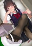  1girl absurdres bangs blush bow brown_hair closed_mouth crossed_legs eyebrows_visible_through_hair feet highres looking_at_viewer original pantyhose red_bow school_uniform shoes solo sui_(aa6281809) uniform uwabaki violet_eyes 