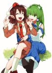  2girls :d absurdres blazer brown_footwear brown_hair commentary_request frog_hair_ornament green_eyes green_hair hair_ornament hat highres jacket kochiya_sanae laughing long_hair looking_at_another multiple_girls necktie open_mouth pointy_ears red_headwear red_neckwear shameimaru_aya shirokaba114 shirt shoes short_hair simple_background sitting smile snake_hair_ornament socks teeth tickling tokin_hat touhou upper_teeth white_background white_shirt 