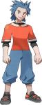  1boy black_footwear blue_eyes blue_hair blue_pants brawly_(pokemon) closed_mouth forehead full_body gym_leader happy male_focus official_art orange_shirt pants pokemon pokemon_(game) pokemon_rse shirt shoes short_hair short_sleeves smile solo standing sugimori_ken transparent_background undershirt 