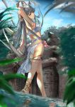  1girl absurdres animal_ears arknights armpits arms_up ass bangs bare_legs blue_sky breasts brown_eyes clouds commentary_request day eyebrows_visible_through_hair grey_hair highres huge_filesize laurel_crown medium_breasts mika_uni outdoors partial_commentary platinum_(arknights) ripples silver_hair sky solo standing thighlet thighs water 