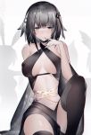  1girl alternate_costume arknights bangs bare_shoulders black_legwear breasts chinese_commentary commentary_request grey_eyes grey_hair greythroat_(arknights) hand_up large_breasts looking_at_viewer navel parted_lips short_hair stomach thigh-highs thighs yushi_ketsalkoatl 