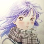  1girl :&lt; bangs blush breasts breath closed_mouth cold copyright_request floating_hair frown highres looking_at_viewer medium_breasts oiraku portrait purple_hair scarf school_uniform serafuku simple_background snow solo striped striped_scarf traditional_media violet_eyes wind 