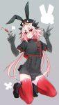  1boy animal_ears astolfo_(fate) astolfo_(saber)_(fate) blush boots bunny_tail bunnysuit commentary_request covered_navel crop_top elbow_gloves eyebrows_visible_through_hair eyes_visible_through_hair fate/grand_order fate_(series) gloves grey_background hair_between_eyes haoro hat high_heel_boots high_heels highlights highres looking_at_viewer multicolored_hair nurse nurse_cap one-piece_swimsuit otoko_no_ko pink_hair rabbit_ears short_sleeves simple_background smile solo swimsuit syringe tail teeth thigh-highs two-tone_hair v violet_eyes white_hair 