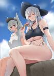  2girls animal_ears arknights arm_strap bangs bare_legs bare_shoulders bikini black_bikini black_headwear black_ribbon blue_sky blush breasts chinese_commentary closed_mouth clouds collarbone commentary_request day earrings eyebrows_visible_through_hair feet_out_of_frame food grani_(arknights) high_ponytail highres holding holding_food horse_ears ice_cream_cone jewelry large_breasts lens_flare long_hair multiple_girls navel off_shoulder open_mouth outdoors ponytail red_eyes ribbon side-tie_bikini silver_hair single_bare_shoulder skadi_(arknights) sky smile sunlight swimsuit thighs under_boob very_long_hair violet_eyes visor_cap xperiajoker 