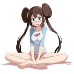  1girl :o arms_between_legs bangs bare_legs barefoot between_legs blue_eyes blush breast_squeeze breasts brown_hair crossed_legs double_bun halterneck hand_between_legs highres indian_style long_hair looking_at_viewer medium_breasts open_mouth panties pink_panties pokemon pokemon_(game) pokemon_bw2 rosa_(pokemon) shadow simple_background sitting solo sweat tsukishiro_saika twintails two-tone_shirt underwear white_background 