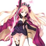  1girl black_dress black_legwear black_sleeves blonde_hair bow cape closed_mouth diadem dress earrings enchuu_kakiemon ereshkigal_(fate/grand_order) eyebrows_visible_through_hair fate/grand_order fate_(series) floating_hair hair_bow hair_intakes highres holding holding_sword holding_weapon jewelry long_hair long_sleeves looking_at_viewer red_bow red_cape red_eyes short_dress simple_background single_sleeve single_thighhigh smile solo standing strapless strapless_dress sword thigh-highs very_long_hair weapon white_background 