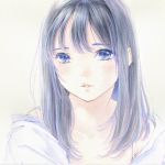  1girl bangs black_hair blue_eyes blue_hair blush collarbone colorized copyright_request eyelashes long_hair looking_at_viewer multicolored_hair off_shoulder oiraku parted_lips portrait simple_background solo streaked_hair traditional_media 