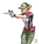  1girl baseball_cap blonde_hair ear_protection english_commentary finger_on_trigger goggles gun handgun hat holding holding_gun holding_weapon jpc original pistol ponytail shooting_glasses solo violet_eyes watch watch weapon white_background 