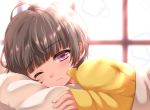  1boy bangs blunt_bangs brown_hair eyebrows_visible_through_hair indoors male_focus nanase_(cocoa) on_bed one_eye_closed original pillow pink_eyes under_covers waking_up window 