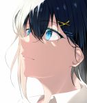  1girl androgynous bangs black_hair blue_eyes close-up closed_mouth eyelashes face hair_between_eyes hair_ornament hairclip highres looking_away original simple_background solo white_background x_hair_ornament xi_ying 