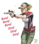  1girl baseball_cap blonde_hair ear_protection english_commentary english_text finger_on_trigger firing goggles gun handgun hat holding holding_gun holding_weapon jpc original pistol ponytail shooting_glasses solo violet_eyes watch watch weapon white_background 