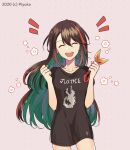  breasts brown_hair closed_eyes collarbone commentary_request dotted_background earrings etna_crimson hair_between_eyes hairband happy highres jewelry long_hair multicolored_hair nijisanji nijisanji_id open_mouth shirt simple_background small_breasts t-shirt virtual_youtuber 
