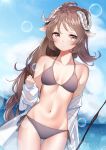  1girl absurdres ahoge animal_ears arknights bangs bikini blush breasts brown_bikini brown_hair day eyjafjalla_(arknights) groin highres holding holding_staff horns jacket long_hair looking_at_viewer navel ocean off_shoulder outdoors parted_lips red_eyes sheep_ears sheep_horns solo staff stomach swimsuit the_cold very_long_hair 
