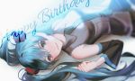  1girl backlighting bare_shoulders blue_eyes blue_hair blue_neckwear blurry blurry_background blurry_foreground breasts clenched_hands closed_mouth collared_shirt depth_of_field detached_sleeves dutch_angle eyelashes grey_shirt gumi_gumi_0601 hair_between_eyes happy happy_birthday hatsune_miku light_particles light_smile lips long_hair looking_at_viewer looking_up lying necktie on_back on_floor pale_skin see-through shadow shirt sleeveless sleeveless_shirt small_breasts solo twintails upper_body upside-down very_long_hair vocaloid 