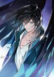  1boy artist_request black_hair black_wings blue_coat blue_eyes bob_cut coat collarbone cowboy_shot english_commentary feathered_wings floating_hair gearous hair_between_eyes highres howl_(howl_no_ugoku_shiro) howl_no_ugoku_shiro jacket jacket_on_shoulders jewelry long_sleeves male_focus necklace pendant shirt smile solo white_shirt wind wings 