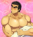  1boy akihiro_altland bara black_eyes black_hair blush chest cropped_torso dark_skin dark_skinned_male ezaki_papiko gundam gundam_tekketsu_no_orphans highres looking_away male_focus muscle nipples pectorals short_hair solo sweat thick_eyebrows undressing upper_body 