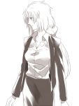  1girl braid breasts gundam gundam_unicorn hinotta long_hair looking_to_the_side marida_cruz medium_breasts monochrome office_lady sketch solo white_background 