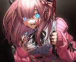  1girl :d black_background black_neckwear blood blood_on_face bloody_weapon blouse blue_eyes blue_nails blush bow breasts commentary crazy_smile glowing glowing_eyes gradient gradient_background hair_between_eyes hair_bow hair_ornament holding holding_knife horror_(theme) knife looking_at_viewer medium_breasts medium_hair nail_polish neck_ribbon nijisanji open_mouth pink_hair pink_sweater ribbon seisei_tamago simple_background sleeves_past_wrists smile solo suzuhara_lulu sweater upper_body virtual_youtuber weapon white_blouse x_hair_ornament 