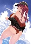  1girl ass baseball_cap bikini blush breasts clouds cloudy_sky cropped_jacket eyewear_on_head facing_away hand_up hat highres hololive houshou_marine jacket knee_up large_breasts looking_at_viewer looking_back off_shoulder red_bikini redhead shiokonbu sky standing swimsuit thighs twintails 