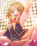  1girl :d ahoge arm_up black_vest blush bow bowtie brown_hair green_eyes idolmaster idolmaster_cinderella_girls idolmaster_cinderella_girls_starlight_stage indoors looking_at_viewer open_mouth pink-framed_eyewear rotix short_hair smile solo stage_lights standing tsuchiya_ako vest 