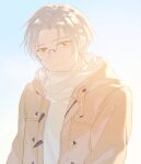  1boy blue_sky brown_coat closed_mouth coat forehead glasses highres long_sleeves looking_at_viewer nacloooo outdoors shirt short_hair sky smile tears_of_themis turtleneck vyn_richter_(tears_of_themis) white_hair white_shirt winter_clothes yellow_eyes 
