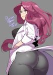  1girl 2020 agawa_ryou ass breasts commentary dated from_behind glasses green_eyes grey_background hands_in_pockets huge_ass labcoat large_breasts looking_at_viewer looking_back original purple_hair simple_background smile solo thick_thighs thighs white_background 