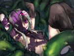  1girl absurdres armpits arms_up black_hair bleeding blood bound brown_legwear covered_nipples entangled goblina highres injury long_hair lying multicolored multicolored_hair on_back original parted_lips scratches smile solo tentacles throne tied_up violet_eyes white_hair 