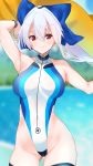  1girl absurdres adapted_costume arms_up beach blue_bow blue_sky blurry bow c@rbon clouds competition_swimsuit contrapposto cowboy_shot day depth_of_field fate/grand_order fate_(series) front_zipper_swimsuit hair_bow highleg highleg_swimsuit highres long_hair looking_at_viewer meme_attire ocean one-piece_swimsuit outdoors ponytail red_eyes sky solo standing swimsuit thigh-highs tomoe_gozen_(swimsuit_saber)_(fate) turtleneck white_hair yellow_towel 