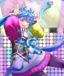  1girl :d ahoge animal_ears aqua_hair black_bodysuit black_ribbon blue_eyes blue_hair bodysuit bunny_pose commentary hair_ribbon heterochromia highres horse_ears horse_girl horse_tail light_particles long_hair long_sleeves looking_at_viewer mary_(194fight) multicolored_coat multicolored_hair open_mouth ribbon screen sharp_teeth sidelocks smile solo stage stage_lights standing stuffed_animal stuffed_bunny stuffed_toy tail teeth twin_turbo_(umamusume) twintails two-tone_hair umamusume umapyoi_densetsu violet_eyes 