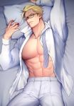  1boy abs bara bed blonde_hair chest d-red glasses kray_foresight lying male_focus muscle navel on_back pants pectorals pillow promare short_hair solo undressing upper_body 