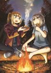  2girls absurdres bangs barefoot black_legwear blonde_hair blunt_bangs blush campfire commentary_request dolphilia eating eyebrows_visible_through_hair grey_hair highres holding holding_skewer hood hoodie huge_filesize indian_style long_hair long_sleeves multiple_girls open_mouth original outdoors shirt shoes short_sleeves shorts sidelocks sitting sky sneakers star_(sky) t-shirt thigh-highs tree twintails upper_teeth 