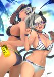  2girls animal_ears ass bikini black-framed_eyewear black_bikini black_hair breasts cat_ears cat_girl cat_tail cowboy_shot dark_skin highres large_breasts long_hair multicolored_hair multiple_girls navel original sakuhiko short_hair standing striped striped_bikini sunglasses sweat swimsuit tail two-tone_hair white-framed_eyewear white_bikini white_hair 