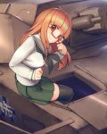  1girl blush breasts brown_eyes emblem girls_und_panzer glasses ground_vehicle long_hair military military_vehicle motor_vehicle ooarai_(emblem) ooarai_school_uniform orange_hair panzerkampfwagen_iv rotix school_uniform shirt skirt smile solo takebe_saori tank 