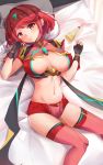  1girl absurdres adapted_costume bangs black_gloves blush breasts breasts_apart center_opening chest_jewel feet_out_of_frame fingerless_gloves gloves heart heart-shaped_pupils highres kiiro_kimi large_breasts looking_at_viewer lotion_bottle midriff navel on_bed pillow pyra_(xenoblade) red_eyes red_legwear red_shorts redhead short_hair short_shorts shorts smile solo swept_bangs symbol-shaped_pupils thigh-highs tiara xenoblade_chronicles_(series) xenoblade_chronicles_2 